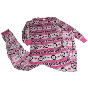 SR2 Penguin One Piece Pajamas Womens Medium Pink Fleece Heart Union Suit 196136